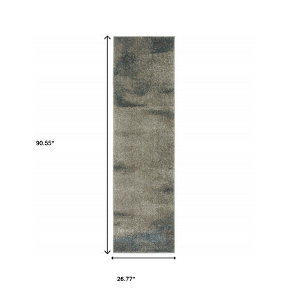 2' X 8' Grey And Teal Blue Abstract Power Loom Stain Resistant Runner Rug