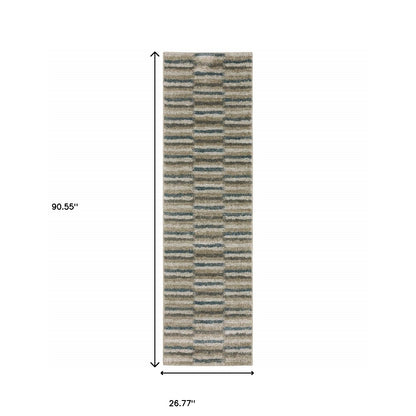 2' X 8' Teal Blue Grey And Tan Geometric Power Loom Stain Resistant Runner Rug