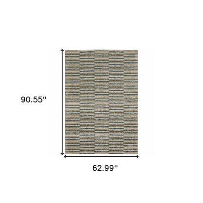 5' X 8' Teal Blue Grey And Tan Geometric Power Loom Stain Resistant Area Rug