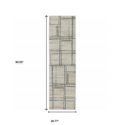 2' X 8' Grey Teal Beige And Tan Geometric Power Loom Stain Resistant Runner Rug