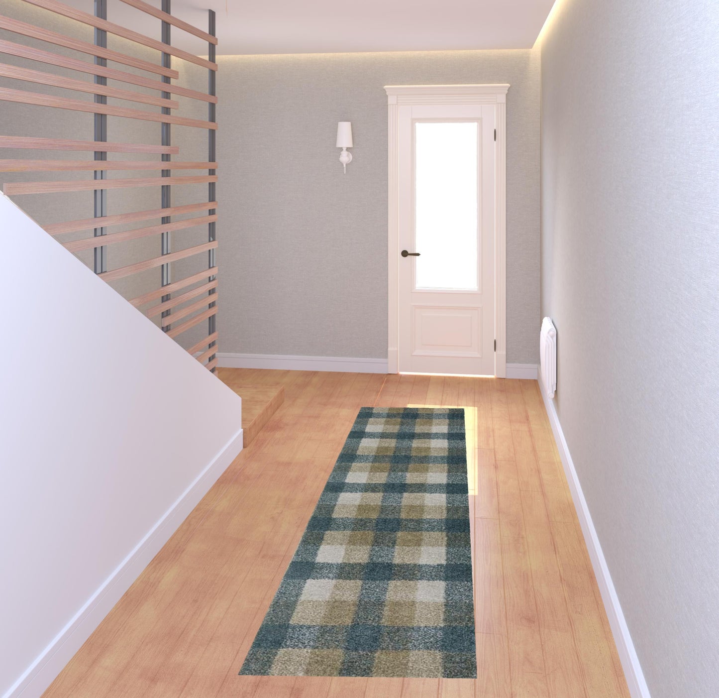 2' X 8' Teal Grey Tan And Beige Geometric Power Loom Stain Resistant Runner Rug