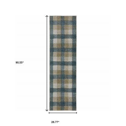 2' X 8' Teal Grey Tan And Beige Geometric Power Loom Stain Resistant Runner Rug