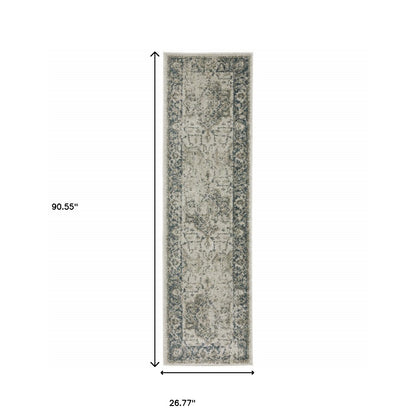 2' X 8' Grey Blue And Teal Oriental Power Loom Stain Resistant Runner Rug