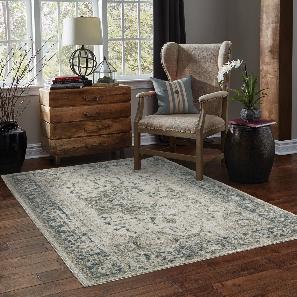 5' X 8' Grey Blue And Teal Oriental Power Loom Stain Resistant Area Rug