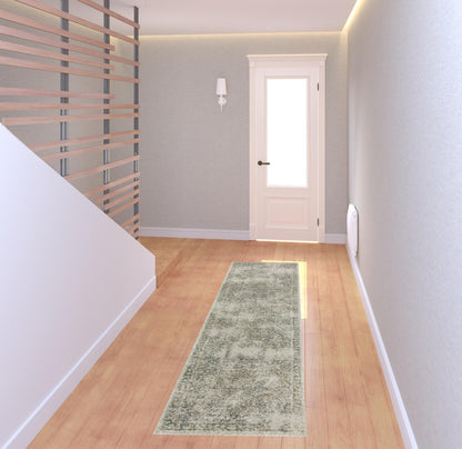 2' X 8' Grey Beige And Teal Oriental Power Loom Stain Resistant Runner Rug