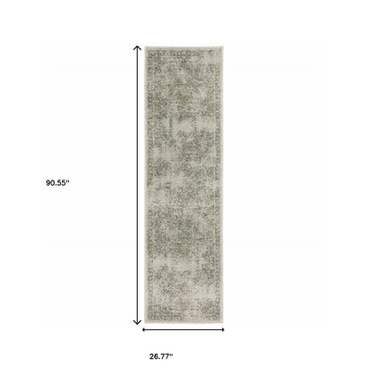 2' X 8' Grey Beige And Teal Oriental Power Loom Stain Resistant Runner Rug