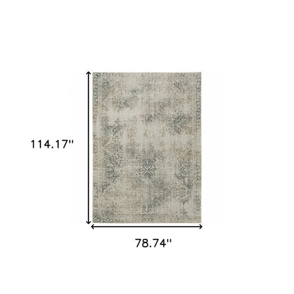 6' X 9' Grey Beige And Teal Oriental Power Loom Stain Resistant Area Rug