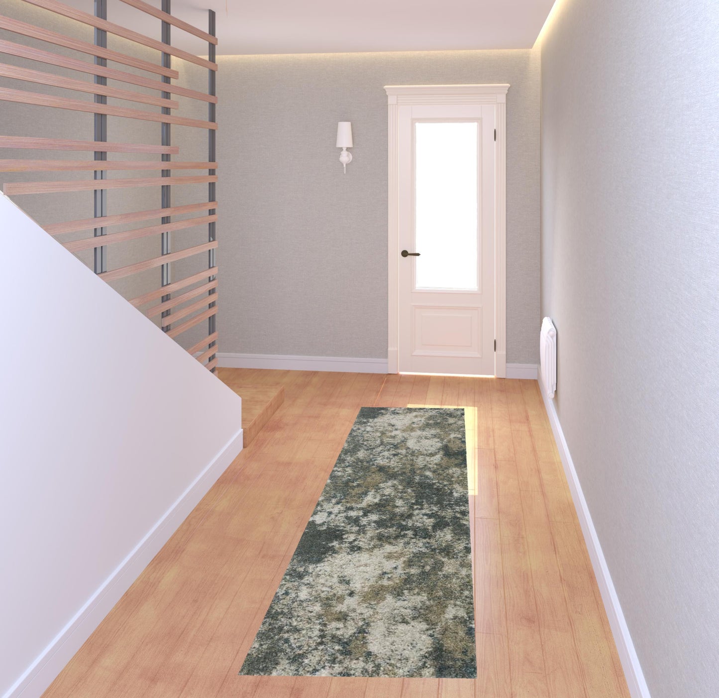 2' X 8' Teal Grey Tan And Beige Abstract Power Loom Stain Resistant Runner Rug