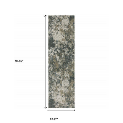 2' X 8' Teal Grey Tan And Beige Abstract Power Loom Stain Resistant Runner Rug