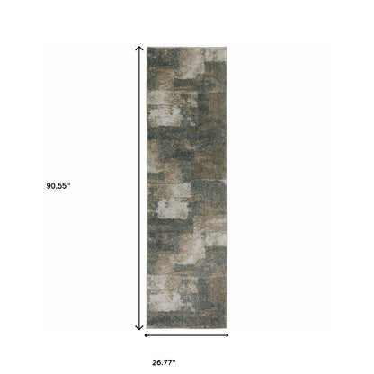 2' X 8' Teal Blue Grey Tan And Beige Geometric Power Loom Stain Resistant Runner Rug