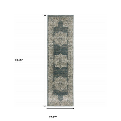 2' X 8' Blue And Beige Oriental Power Loom Stain Resistant Runner Rug