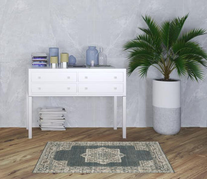 3' X 5' Blue And Beige Oriental Power Loom Stain Resistant Area Rug