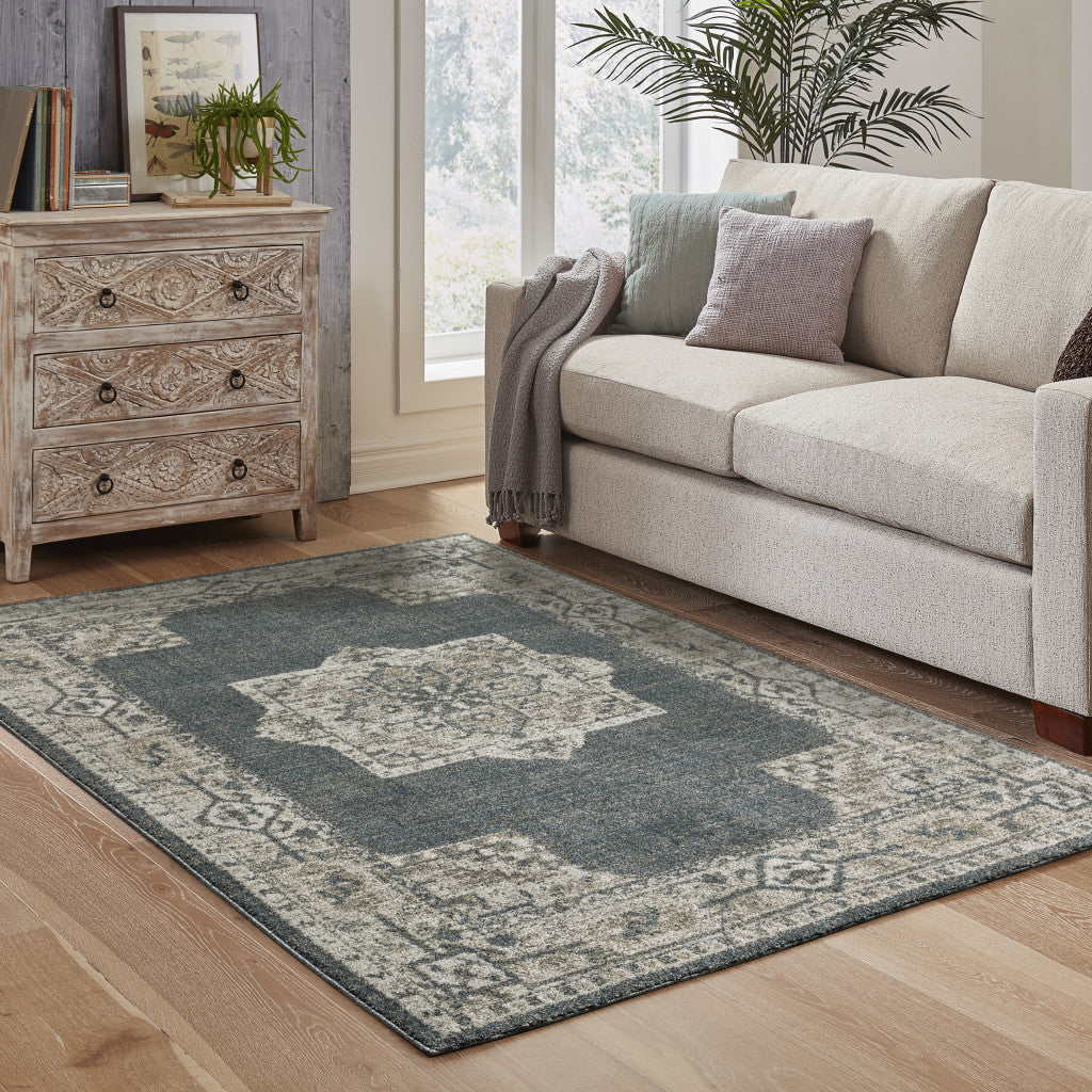3' X 5' Blue And Beige Oriental Power Loom Stain Resistant Area Rug