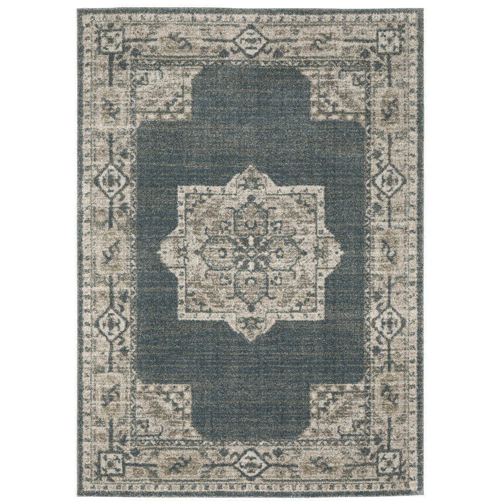 6' X 9' Blue And Beige Oriental Power Loom Stain Resistant Area Rug