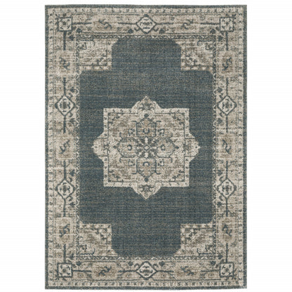 8' X 11' Blue And Beige Oriental Power Loom Stain Resistant Area Rug