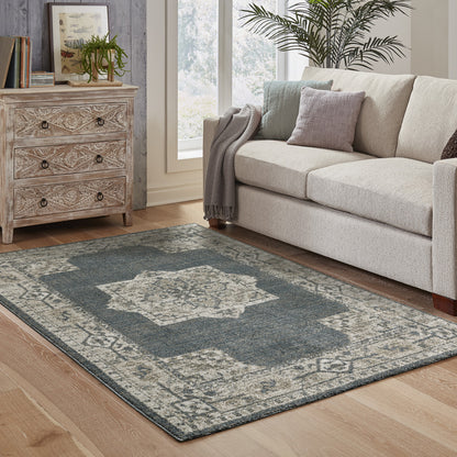 8' X 11' Blue And Beige Oriental Power Loom Stain Resistant Area Rug