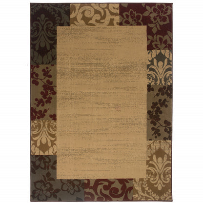 5' X 8' Beige Red Green Gold And Grey Abstract Power Loom Stain Resistant Area Rug