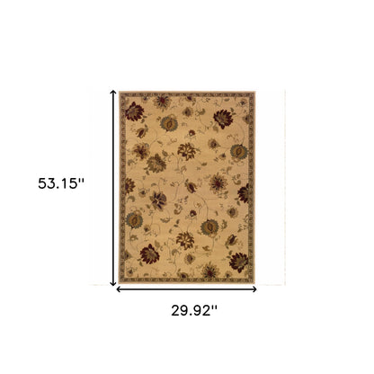 3' X 5' Ivory Green Brown Blue And Rust Floral Power Loom Stain Resistant Area Rug
