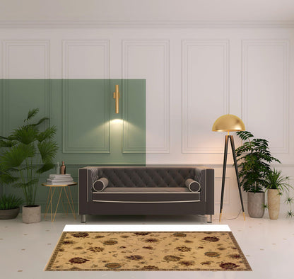 5' X 8' Ivory Green Brown Blue And Rust Floral Power Loom Stain Resistant Area Rug