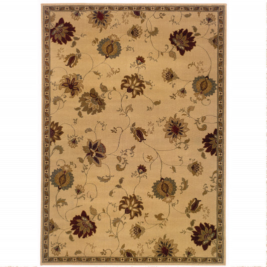 8' X 10' Ivory Green Brown Blue And Rust Floral Power Loom Stain Resistant Area Rug