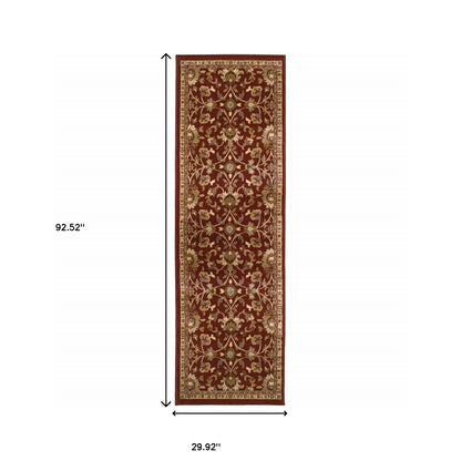 2' X 8' Red Floral Power Loom Stain Resistant Runner Rug