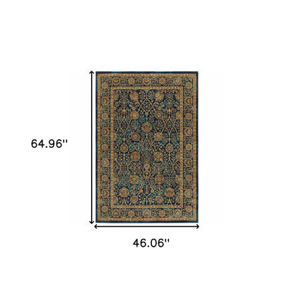4' X 6' Blue And Gold Oriental Power Loom Stain Resistant Area Rug