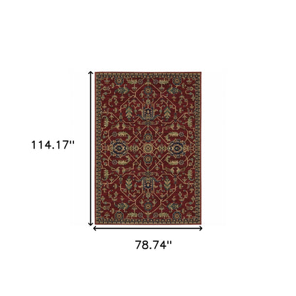 6' X 9' Red And Blue Oriental Power Loom Stain Resistant Area Rug