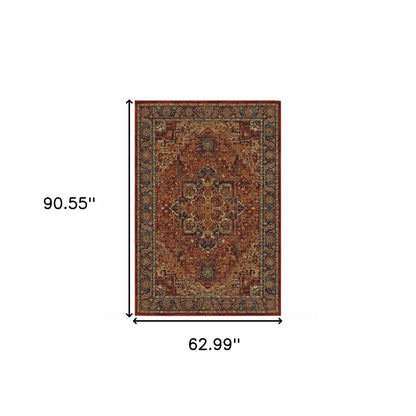5' X 8' Red And Blue Oriental Power Loom Stain Resistant Area Rug