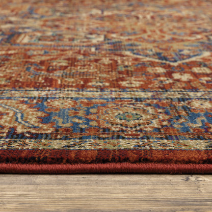 5' X 8' Red And Blue Oriental Power Loom Stain Resistant Area Rug