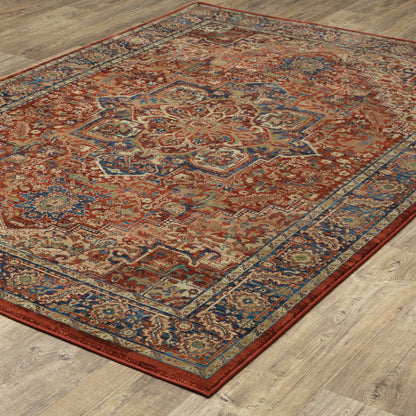 5' X 8' Red And Blue Oriental Power Loom Stain Resistant Area Rug