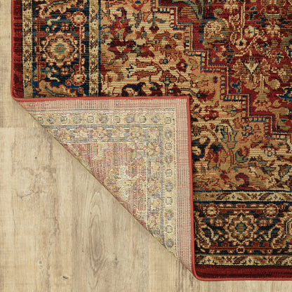 5' X 8' Red And Blue Oriental Power Loom Stain Resistant Area Rug