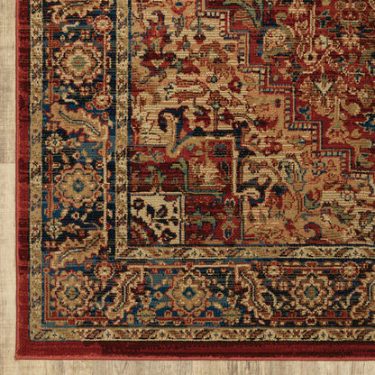 5' X 8' Red And Blue Oriental Power Loom Stain Resistant Area Rug