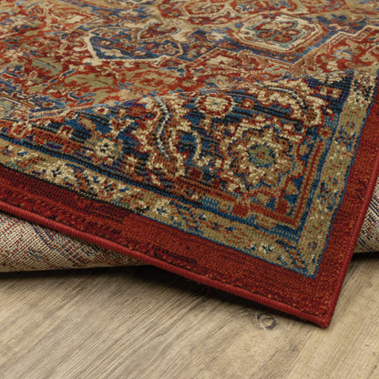 5' X 8' Red And Blue Oriental Power Loom Stain Resistant Area Rug