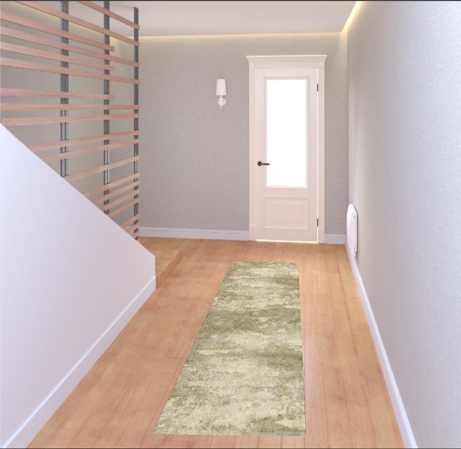 8' Beige and Gold Abstract Power Loom Runner Rug