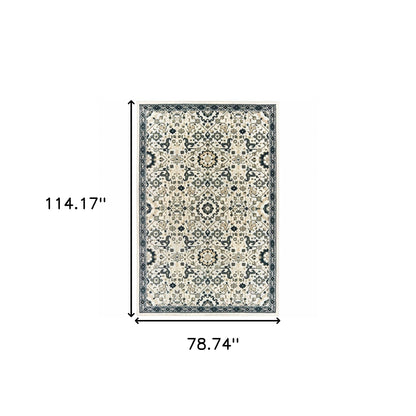 6' X 9' Ivory Navy And Gold Oriental Power Loom Stain Resistant Area Rug