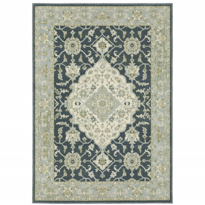 5' X 7' Teal Blue Ivory Green And Grey Oriental Power Loom Stain Resistant Area Rug