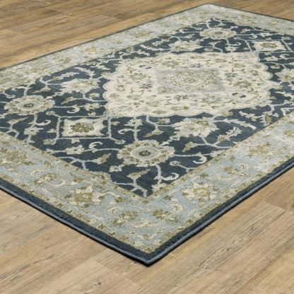 10' X 13' Teal Blue Ivory Green And Grey Oriental Power Loom Stain Resistant Area Rug