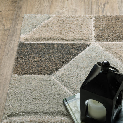 6' X 9' Grey Brown Beige Tan Taupe And Ivory Geometric Power Loom Stain Resistant Area Rug