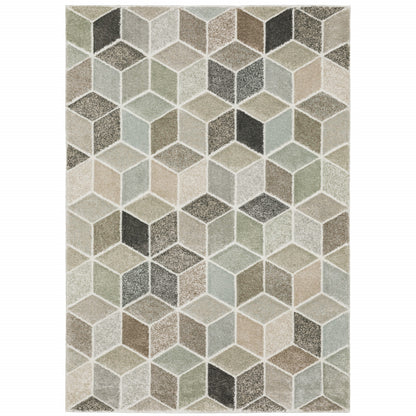 6' X 9' Beige Brown Grey Tan Sage And Pale Blue Geometric Power Loom Stain Resistant Area Rug