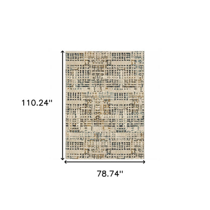 6' X 9' Beige Grey Blues Orange Yellow And Ivory Abstract Power Loom Stain Resistant Area Rug