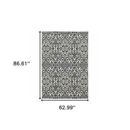 5' X 7' Blue And Ivory Floral Power Loom Stain Resistant Area Rug