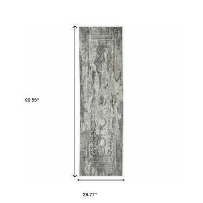 2' X 8' Ivory Grey Charcoal Blue And Rust Oriental Power Loom Stain Resistant Runner Rug