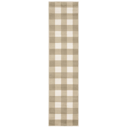 2' X 8' Beige And Ivory Geometric Power Loom Stain Resistant Runner Rug
