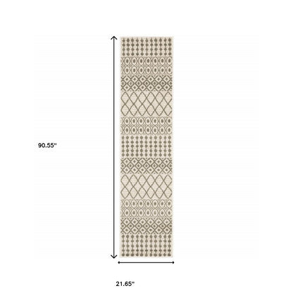 2' X 8' Ivory And Grey Geometric Power Loom Stain Resistant Runner Rug