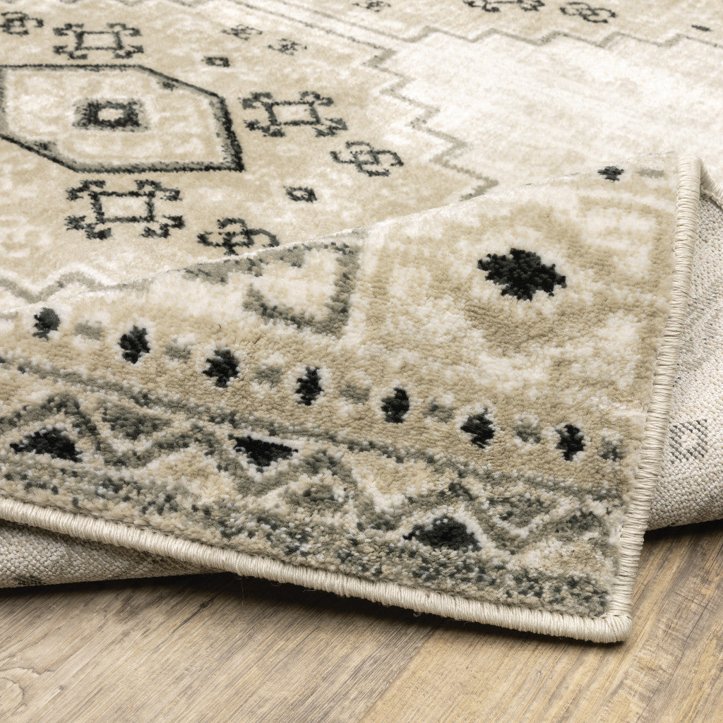 2' X 8' Ivory Grey Black And Ivory Southwestern Power Loom Stain Resistant Runner Rug
