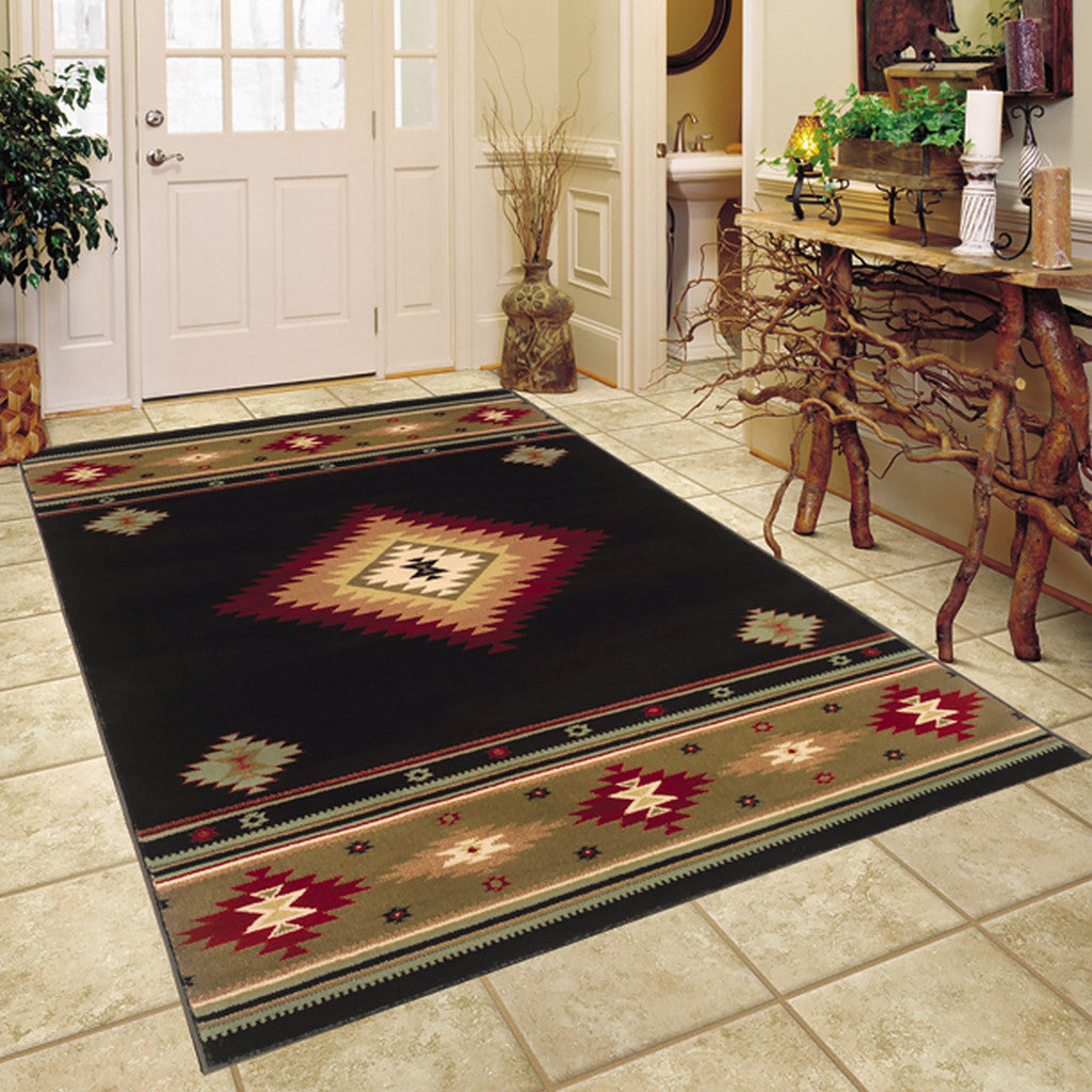4' X 6' Black And Green Southwestern Power Loom Stain Resistant Area Rug