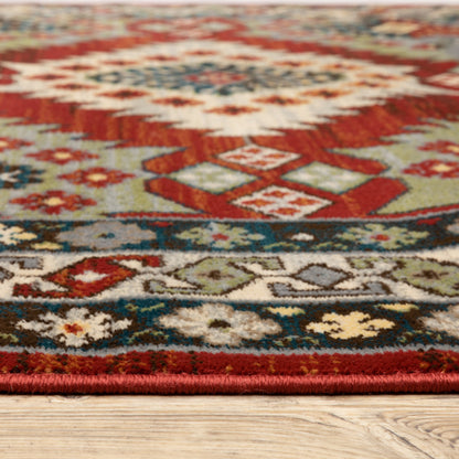8' X 10' Red Deep Teal Ivory Grey And Green Southwestern Power Loom Stain Resistant Area Rug