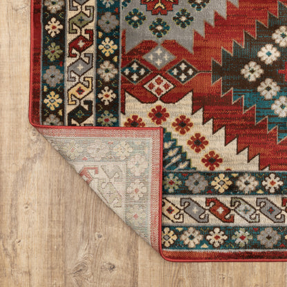 8' X 10' Red Deep Teal Ivory Grey And Green Southwestern Power Loom Stain Resistant Area Rug