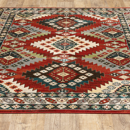 8' X 10' Red Deep Teal Ivory Grey And Green Southwestern Power Loom Stain Resistant Area Rug