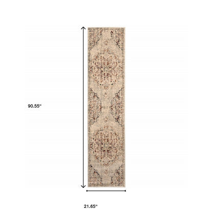 2' X 8' Grey Rust Deep Teal Beige And Orange Oriental Power Loom Stain Resistant Runner Rug